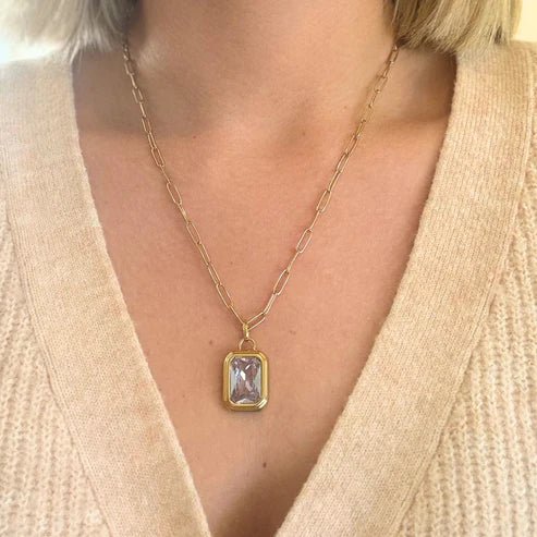 Gold Chain Necklace with Clear Stone - Private Gallery Boutique