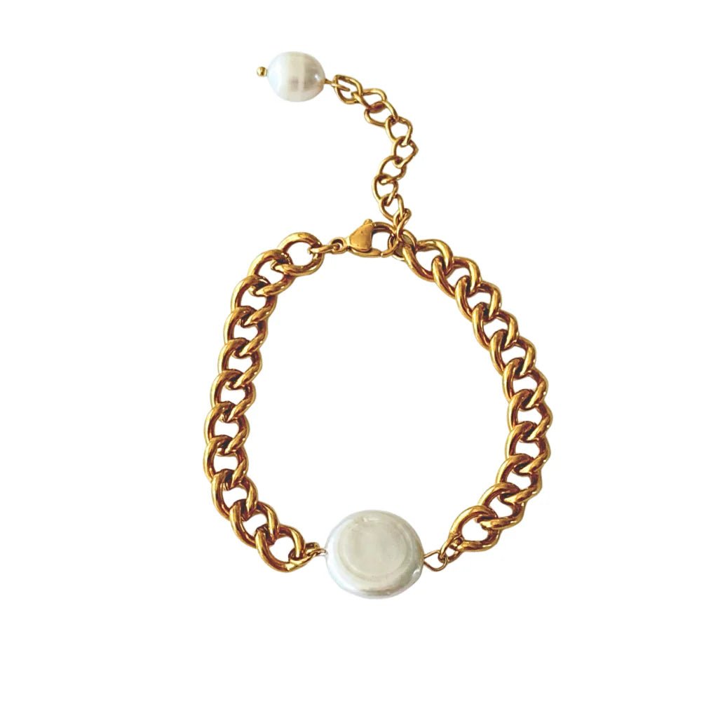 Gold Curb Chain with Coin Pearl Clasp Bracelet - Private Gallery Boutique