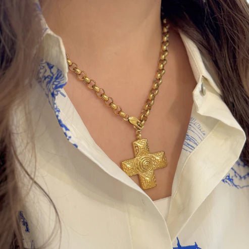 Gold Large Block Cross Pendant Necklace - Private Gallery Boutique