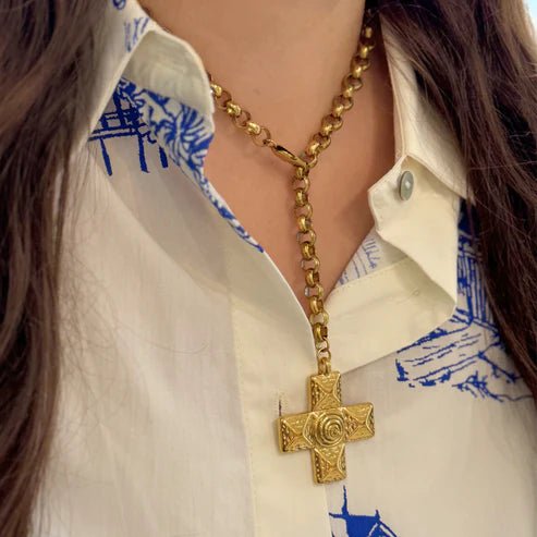 Gold Large Block Cross Pendant Necklace - Private Gallery Boutique
