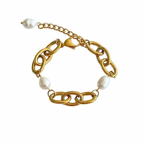 Gold Oval Link Bracelet with Baroque Pearls - Private Gallery Boutique