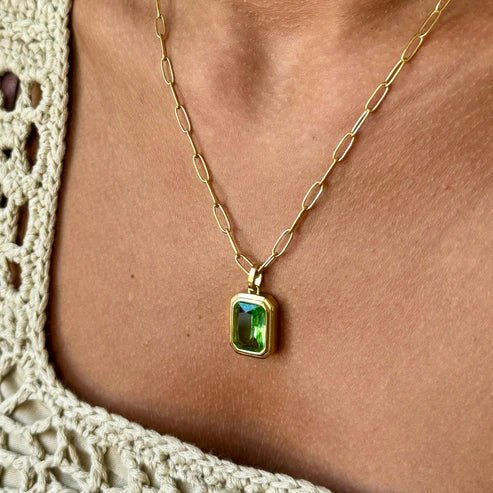 Gold Paperclip Necklace with Green Stone - Private Gallery Boutique