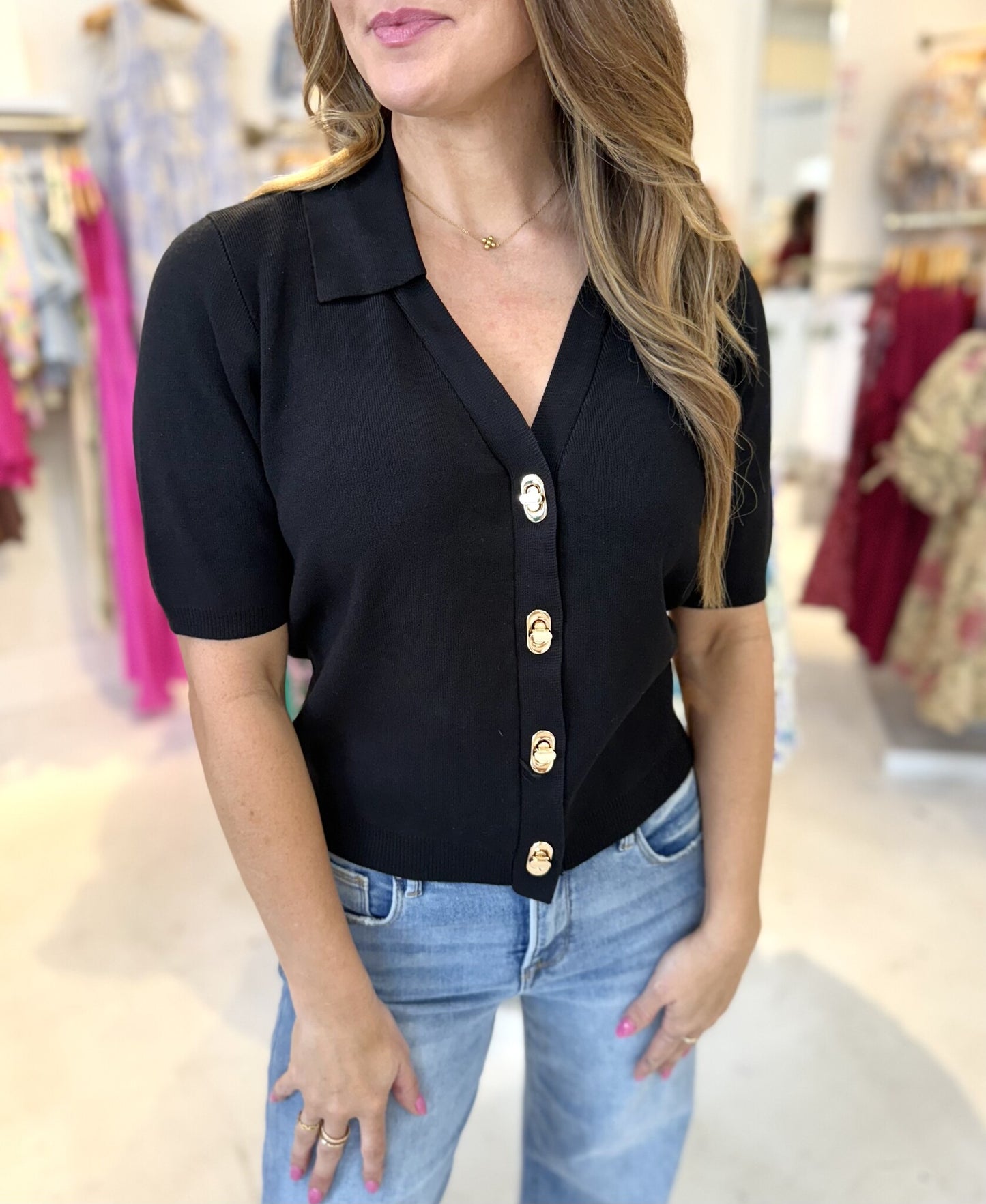 Lacey Knit Top with Gold Accent Buttons