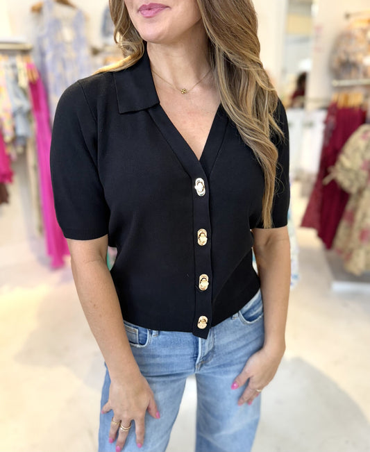 Lacey Knit Top with Gold Accent Buttons