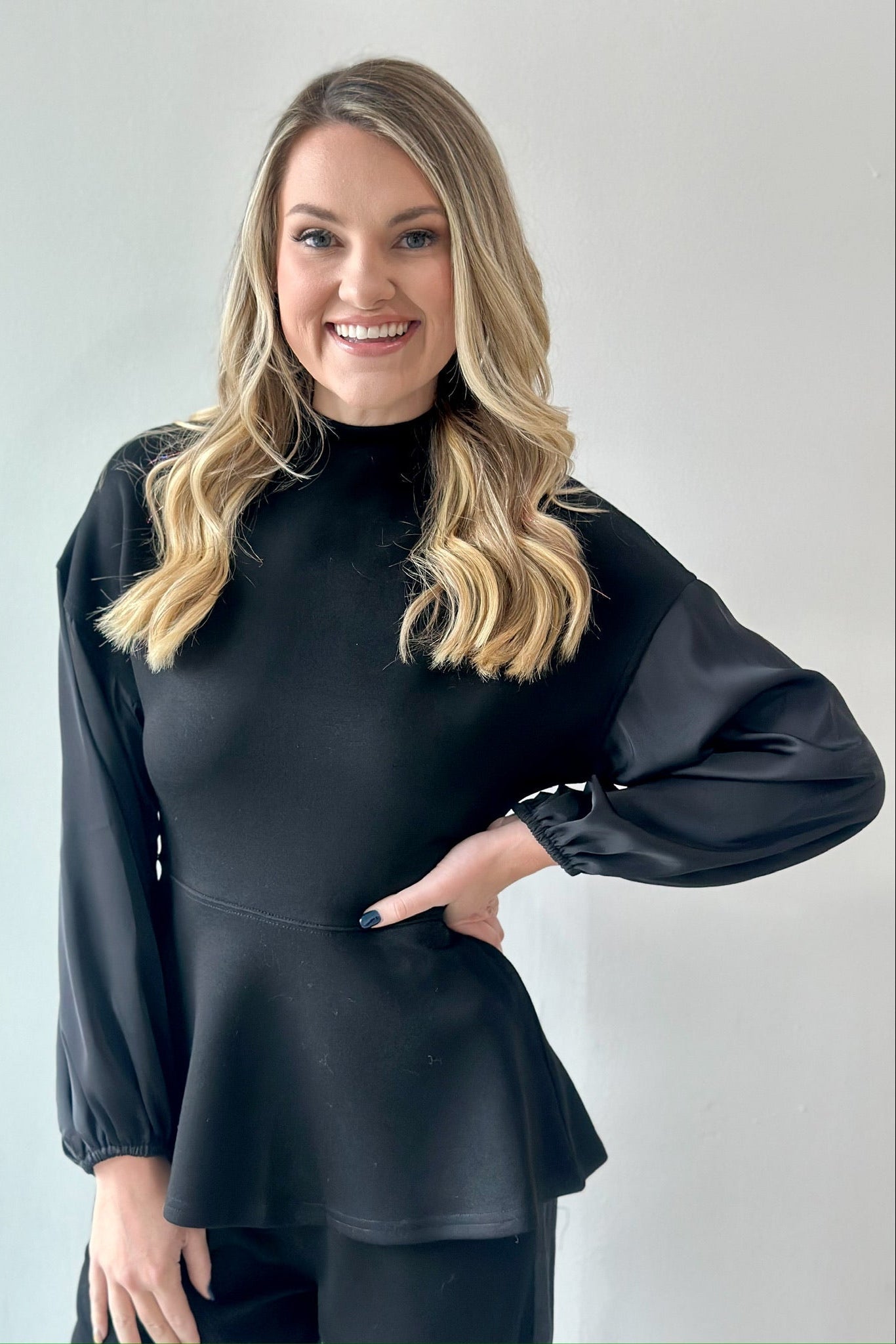 Modal Mock Neck Top with Contrast Satin - Private Gallery Boutique