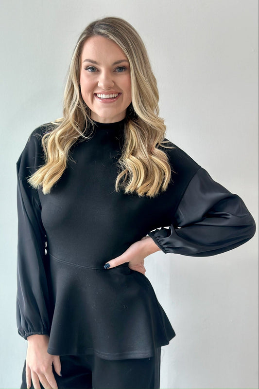 Modal Mock Neck Top with Contrast Satin - Private Gallery Boutique