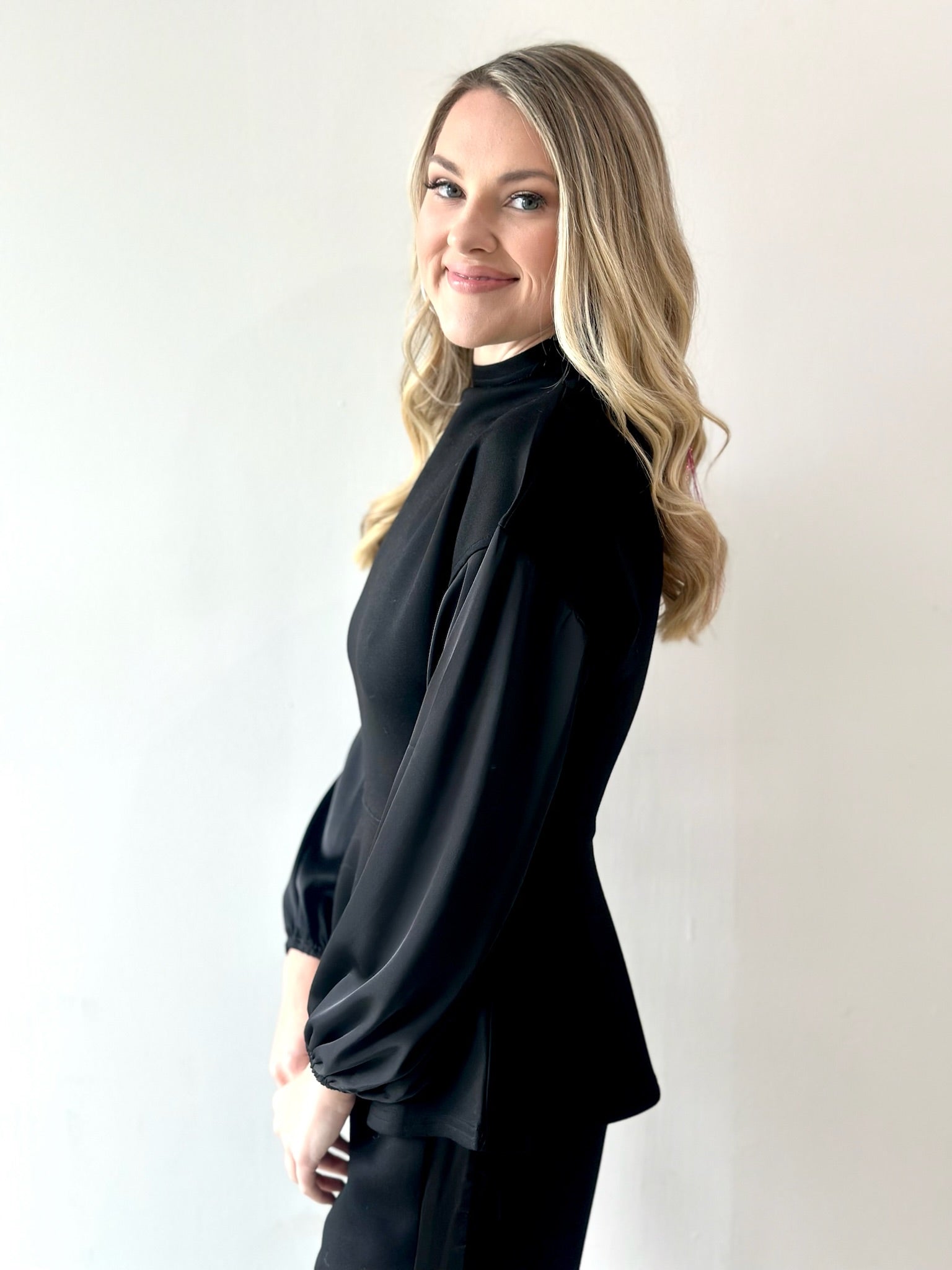 Modal Mock Neck Top with Contrast Satin - Private Gallery Boutique