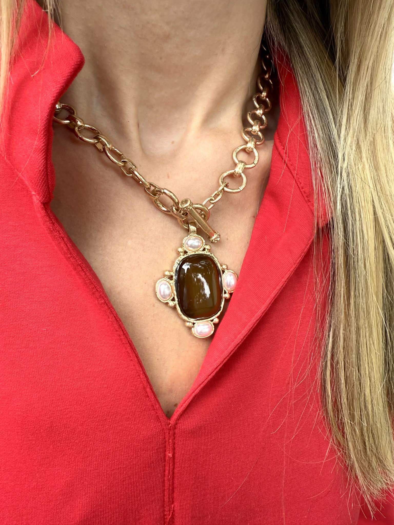 Oval Stone & Pearl Necklace - Brown - Private Gallery Boutique