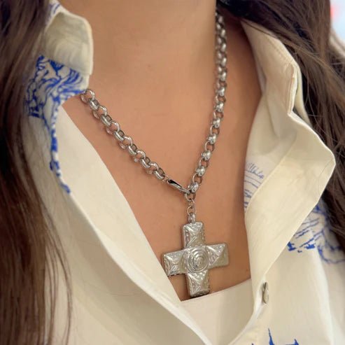 Silver Large Block Cross Pendant Necklace - Private Gallery Boutique