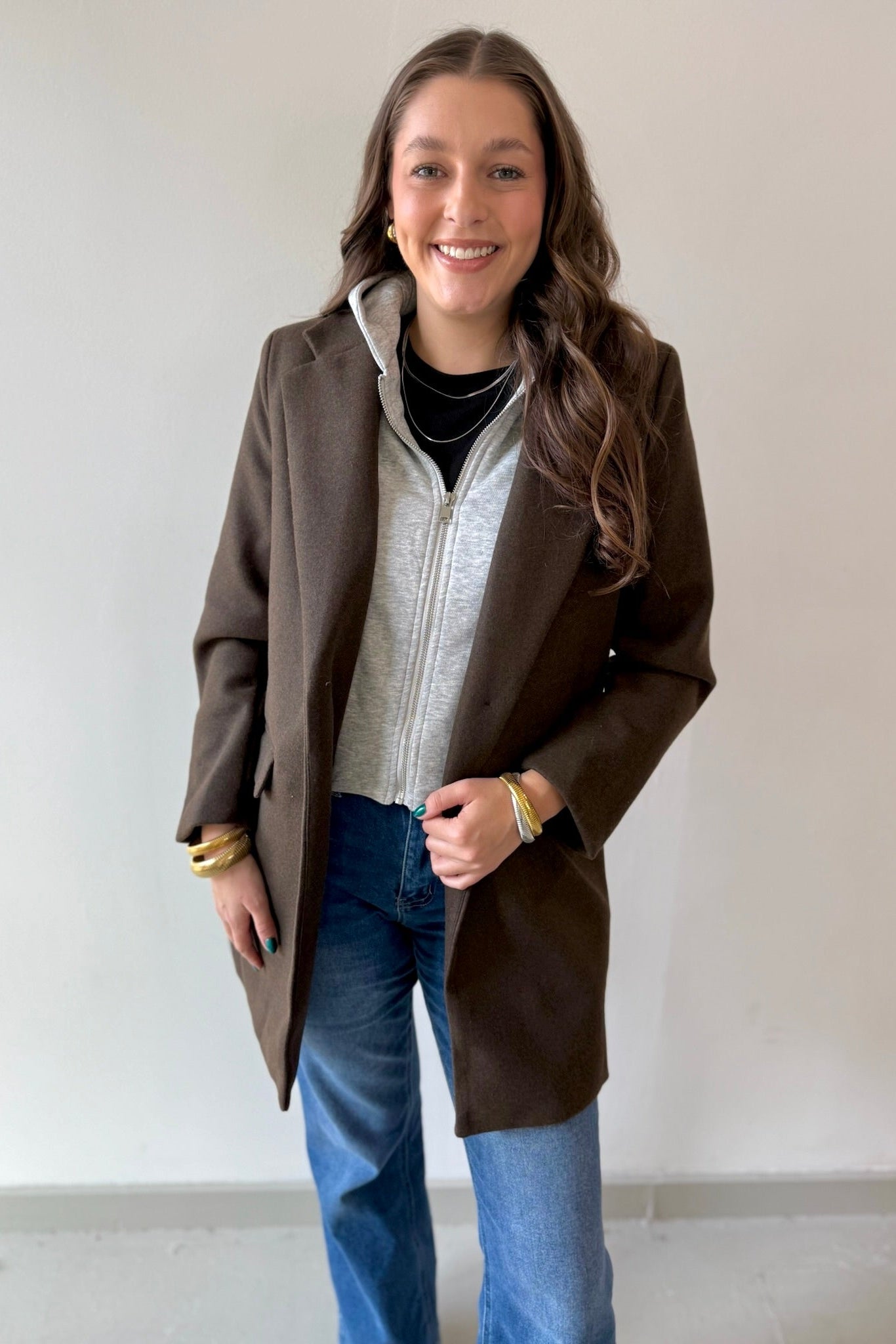 Wool Hooded Contrast Combo Coat - Brown - Private Gallery Boutique