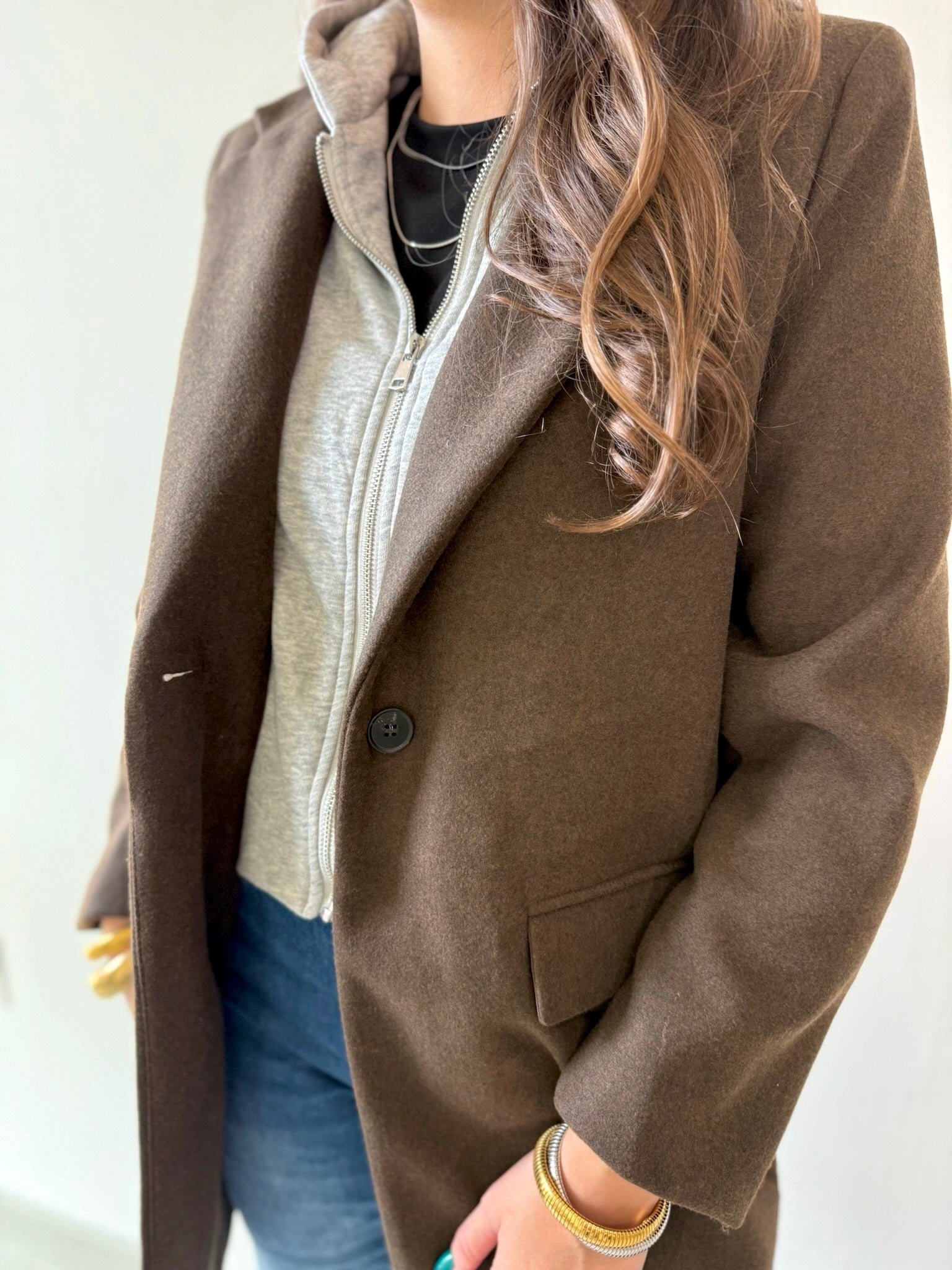 Wool Hooded Contrast Combo Coat - Brown - Private Gallery Boutique