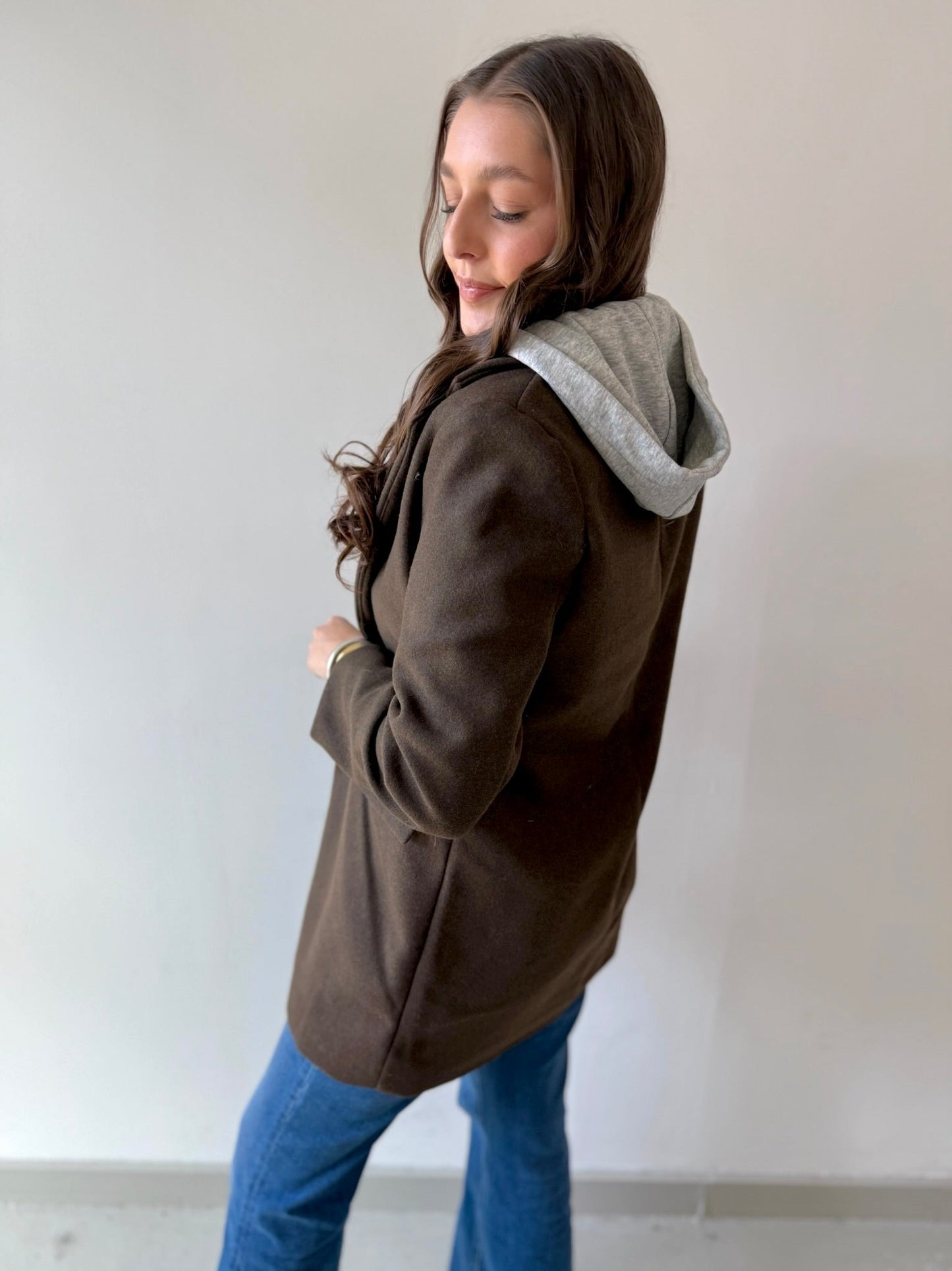 Wool Hooded Contrast Combo Coat - Brown - Private Gallery Boutique