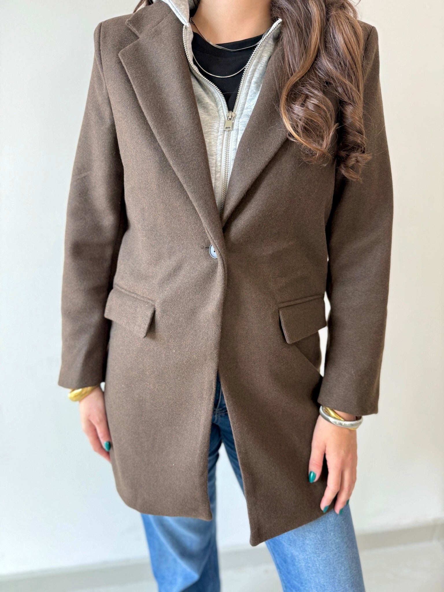 Wool Hooded Contrast Combo Coat - Brown - Private Gallery Boutique