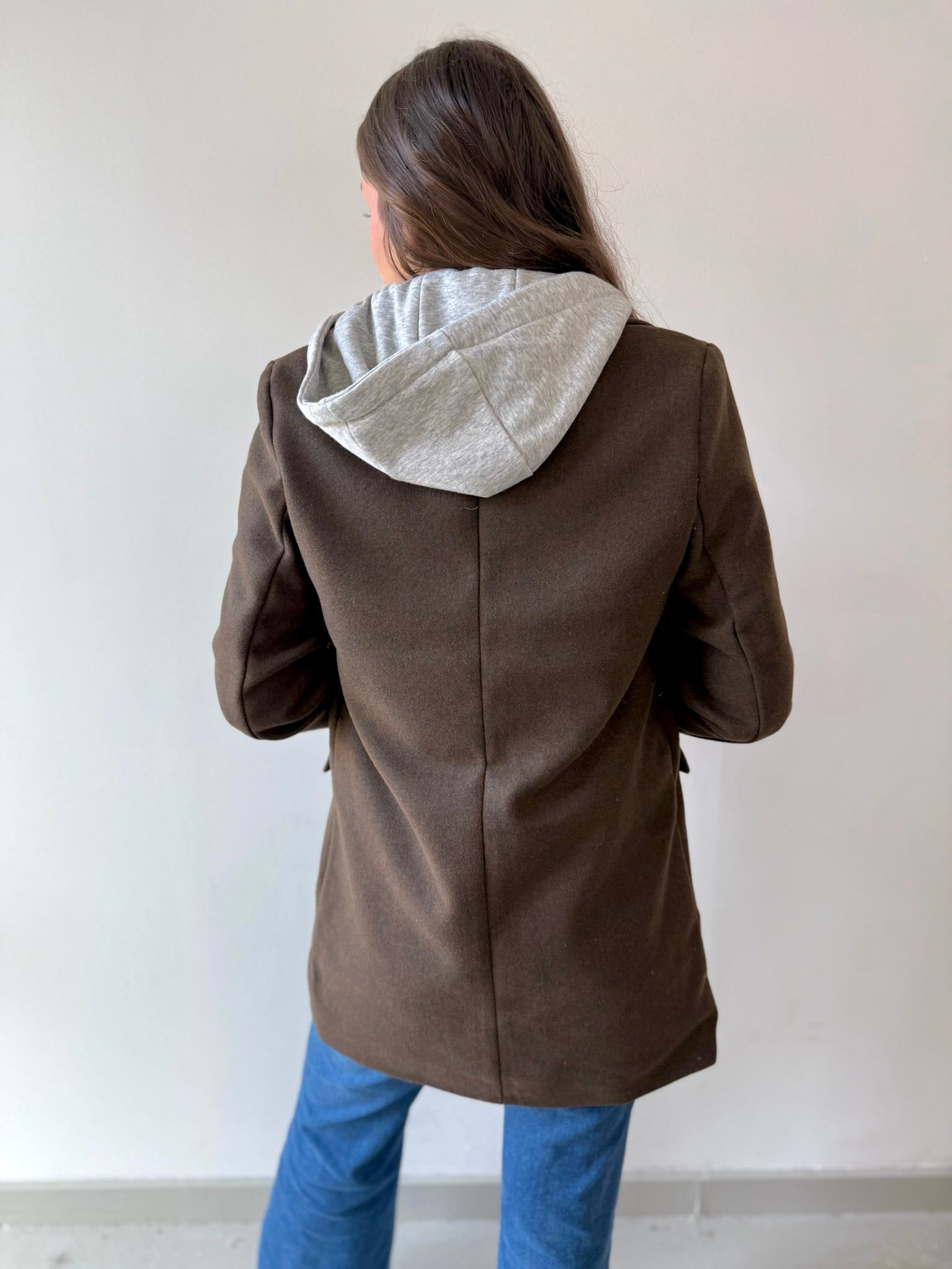 Wool Hooded Contrast Combo Coat - Brown - Private Gallery Boutique