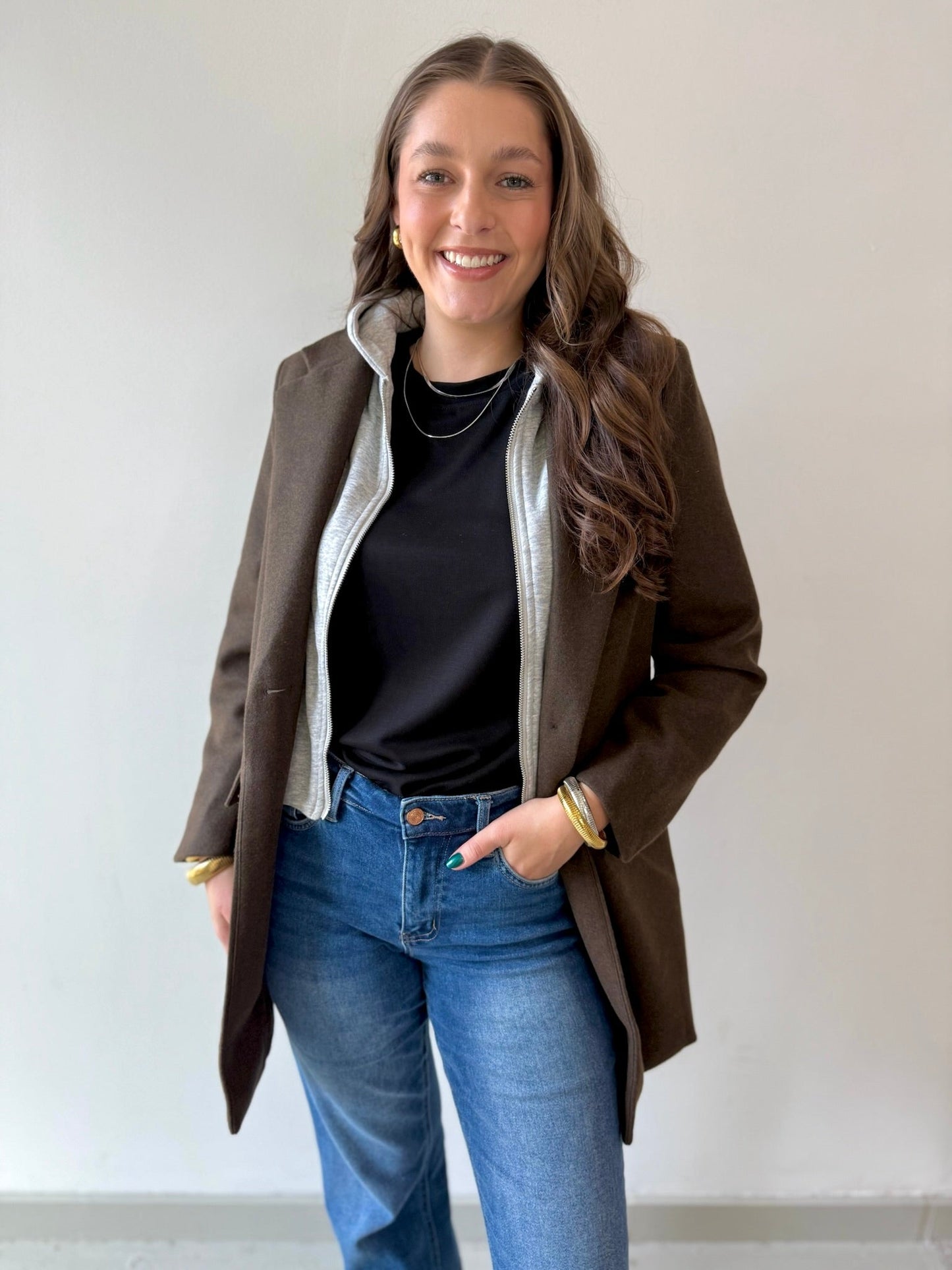 Wool Hooded Contrast Combo Coat - Brown - Private Gallery Boutique