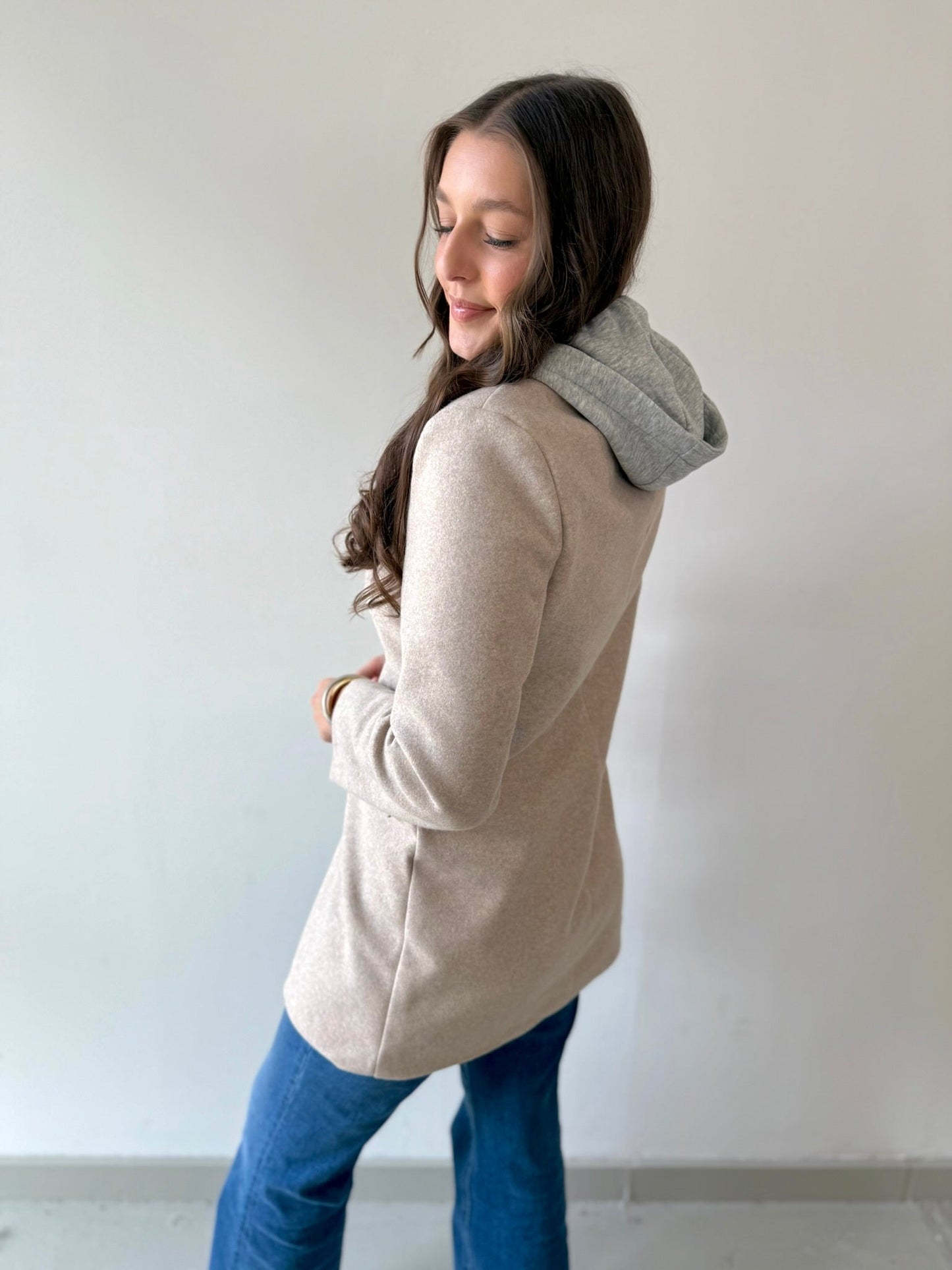 Wool Hooded Contrast Combo Coat - Oat - Private Gallery Boutique