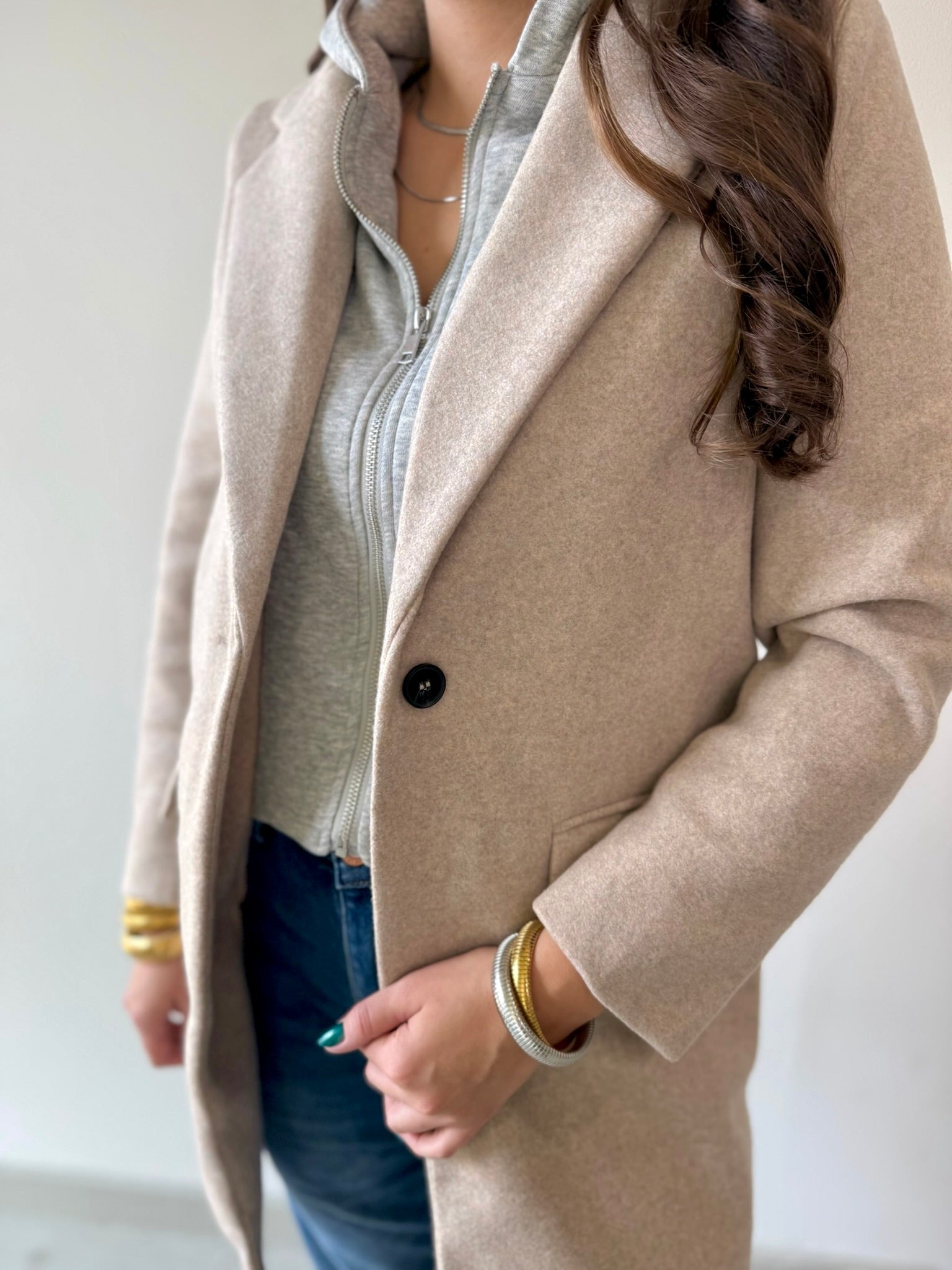 Wool Hooded Contrast Combo Coat - Oat - Private Gallery Boutique